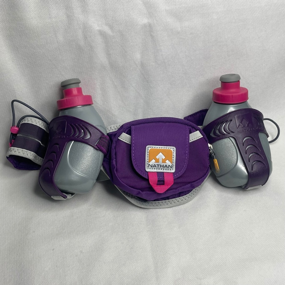 Nathan Trail Mix x2 Bottle Hydration Pack OSFM Purple Pink Run Fit Belt Hiking